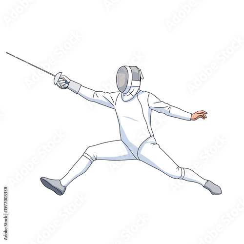 Fencer in action, lunging forward with sword raised, isolated on white background.