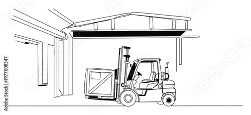 Industrial forklift vehicle with a wooden crate moving goods inside a commercial warehouse building, essential for shipping and logistics operations for businesses