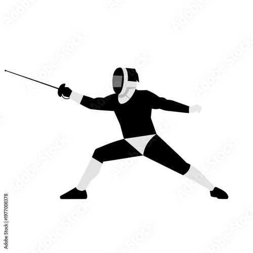Fencer in black and white uniform lunging with foil, isolated on white background.