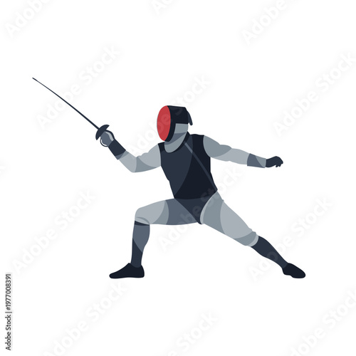 Fencer in protective gear lunging with foil sword, dynamic action pose, isolated on white background