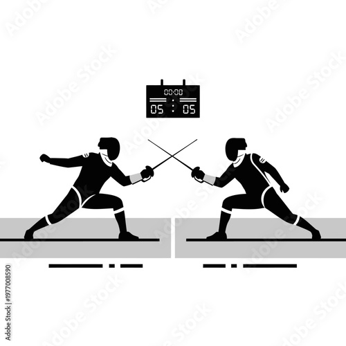 Fencers in action with swords crossed, scoreboard above, minimalist vector illustration