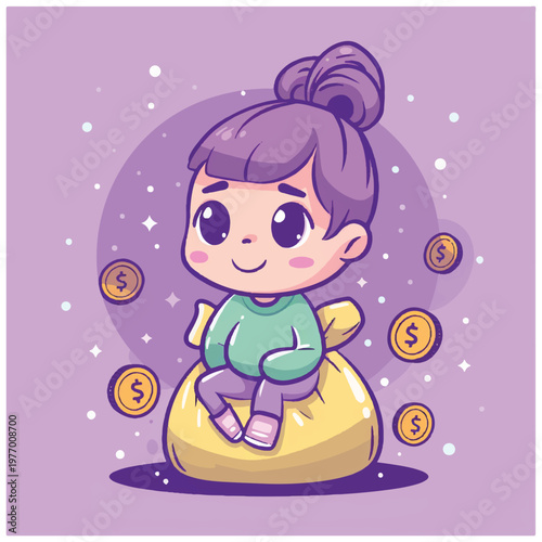 Cartoon girl sitting on money bag.