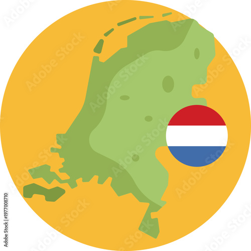 A simplified outline of the Netherlands featuring key landmarks or markers, representing geographic navigation within Holland.