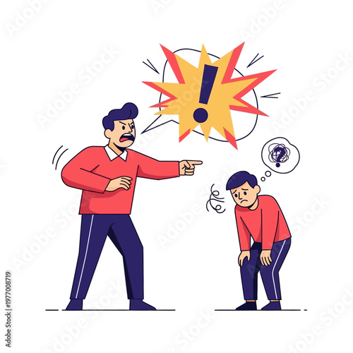 Angry Father Scolding Sad Son, Family Conflict, Domestic Violence Concept