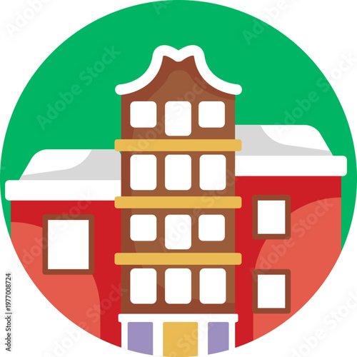 Minimal line icon of clustered Amsterdam-style houses, featuring tall windows and distinctive triangular rooftops.