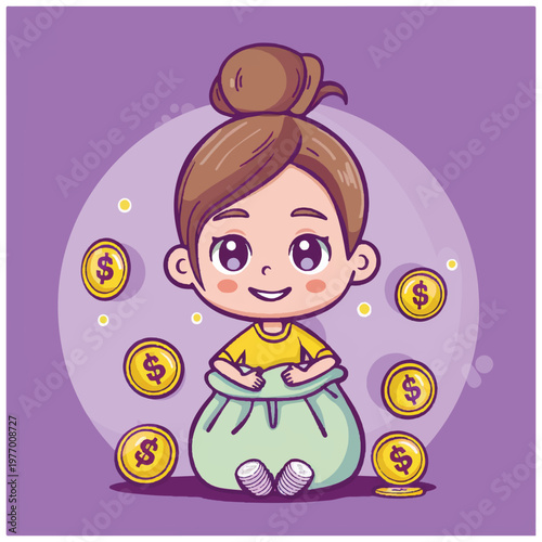Cartoon girl with money coins wealth.