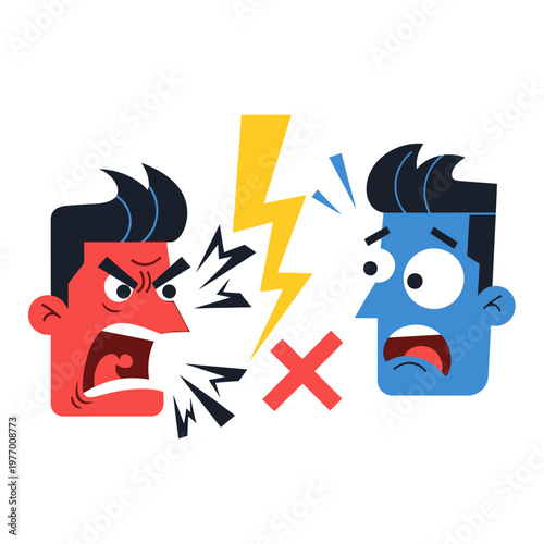 Angry man shouting at shocked man, conflict concept, vector illustration