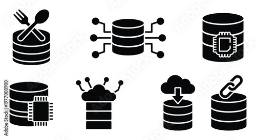 Database management and data processing icons representing server storage, cloud connectivity, food information, and networked systems for modern technology applications