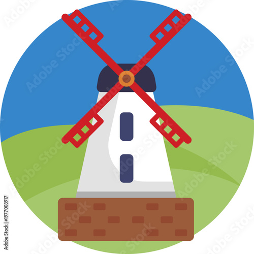 A minimal windmill with four evenly spaced blades and a narrow base, symbolizing traditional Dutch landscapes.