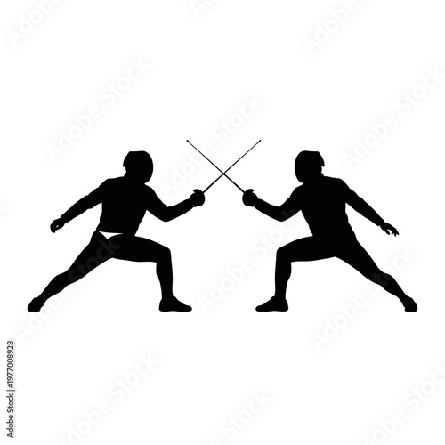 Fencing duel silhouette, two athletes in combat with swords on white background