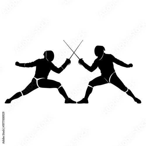 Fencing duel silhouette, two athletes in protective gear with swords clashing