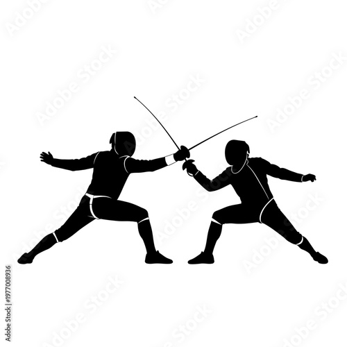 Fencing duel silhouette, two athletes in action, sport, combat, competition, black and white