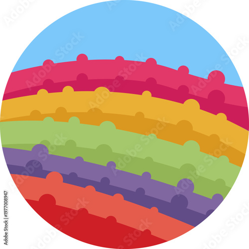 A stylized landscape of neatly aligned tulip rows, often shown with simple, repeating flower shapes to represent the iconic Dutch fields.