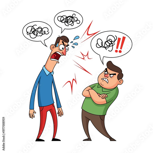 Angry men arguing with speech bubbles, conflict illustration, disagreement concept