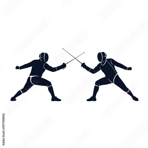 Fencing duel silhouette, two athletes in protective gear with swords facing off