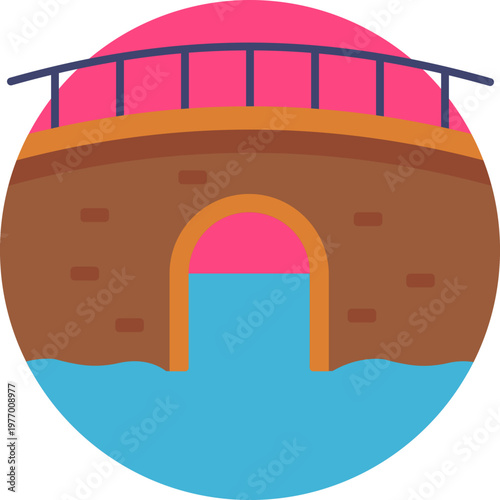 A minimal outline of a narrow waterway with two parallel lines, flanked by small houses or trees, representing a classic Dutch canal.