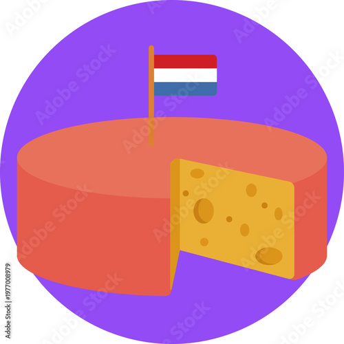 A round cheese wheel with a smooth rind, often featuring small holes, representing traditional Dutch cheeses like Edam or Gouda.