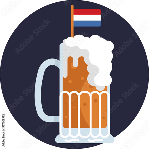 A traditional Dutch beer mug filled with golden lager, topped with a thick foam head, representing Holland’s rich brewing culture.