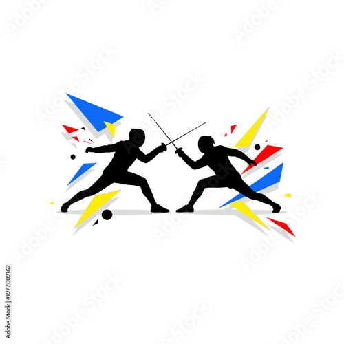 Fencing silhouettes clashing swords with abstract geometric background