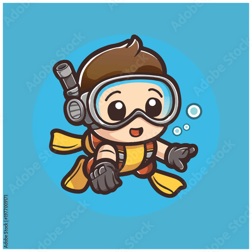 Cartoon scuba diver kid swimming underwater.