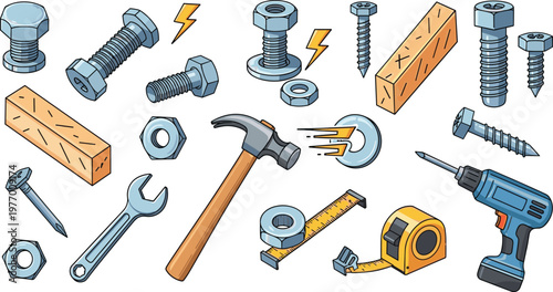 Construction tools and hardware vector set, bolts screws hammer drill wrench elements, colorful cartoon style illustration, isolated industrial equipment collection