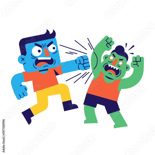 Cartoon characters fighting, one punching the other in the face with stars in eyes