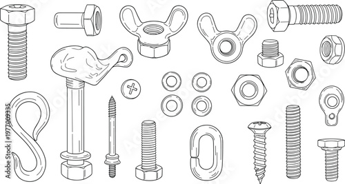 Mechanical fasteners vector set, bolts nuts screws washers hardware collection, industrial engineering tools illustration, detailed line art isolated design elements