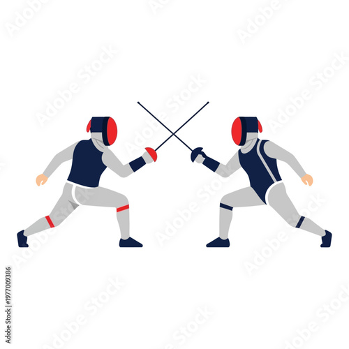 Two Fencers Duel with Swords in Protective Gear, Isolated on White Background