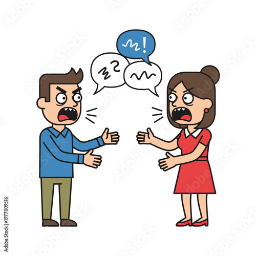 Couple Arguing with Speech Bubbles, Conflict and Disagreement Illustration