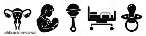 Comprehensive set of pregnancy and new baby care icons featuring uterus, mother and child, baby rattle, hospital bed, and pacifier for medical and parenting related applications