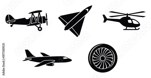 Collection of various aircraft silhouettes including biplane stealth helicopter passenger jet and engine turbine representing aviation and transportation concepts