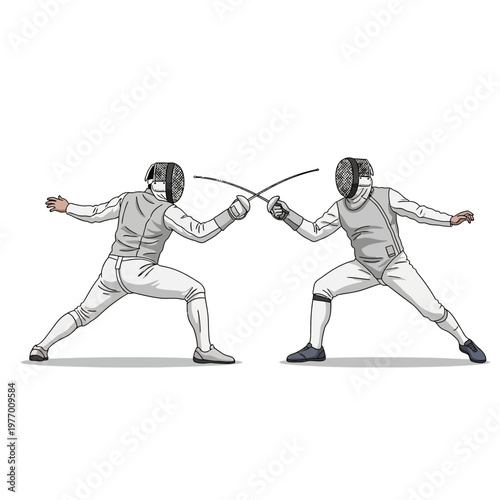 Two Fencers Duel with Swords, Locked in Combat on White Background