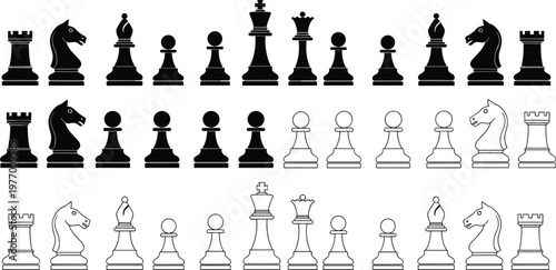 Chess pieces collection with solid and outline variations, strategy board game elements, king queen rook knight bishop pawn vector set