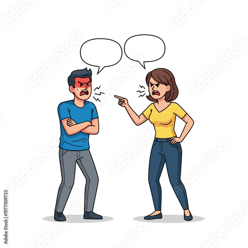 Couple arguing, woman pointing finger at angry man, blank speech bubbles, conflict illustration
