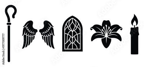Collection of spiritual and religious symbolic elements including a shepherd crook angel wings gothic window lily flower and burning candle perfect for memorial graphics or devotional
