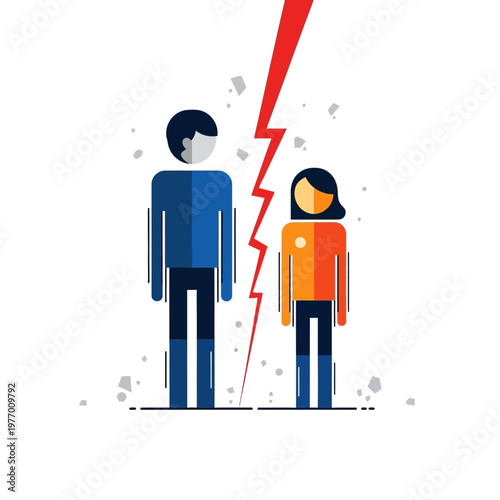 Couple breakup illustration, relationship crisis, divorce concept, red lightning bolt dividing man and woman