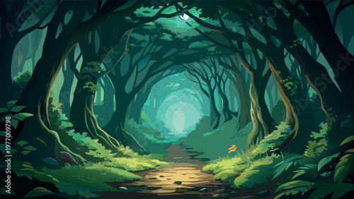 Photos Enchanted forest path with mystical glowing light and lush green foliage digital