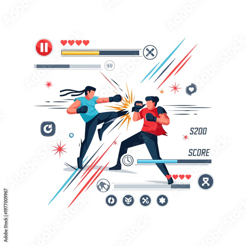 Fighting Game Action: Two Fighters Combat, UI Elements, Score, Health Bars