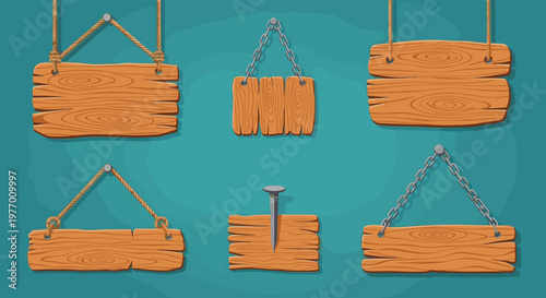 Collection of rustic wooden signs and planks hanging by ropes or chains and one fixed with a nail against a teal textured background.