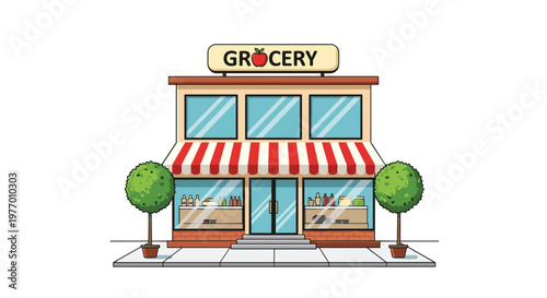 Small grocery store building facade with a red and white striped awning and green topiary trees on a clean white background.