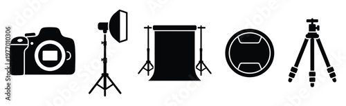 A comprehensive collection of essential photography equipment icons including a camera, studio light, backdrop, lens cap, and tripod, perfect for graphic design resources and visual