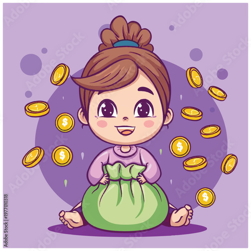 Little girl holding money bag.