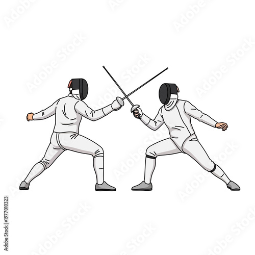 Two fencers in protective gear clashing swords during a duel, active sport