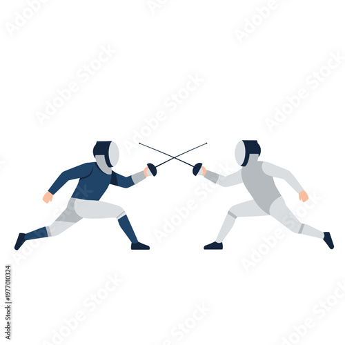 Two Fencers in Protective Gear Competing with Swords on White Background