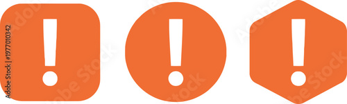 Set of orange exclamation mark icons in geometric shapes for warning and alert notifications