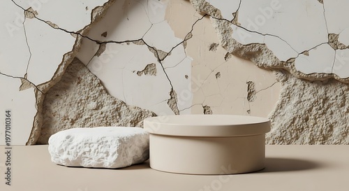 Abstract Composition with Textured Podium and Cracked Wall for Product Display.