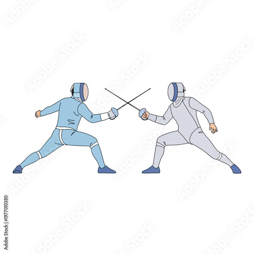 Two Fencers in Protective Gear Duel with Swords on White Background