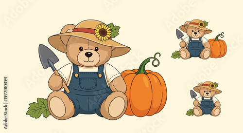 Adorable teddy bear wearing overalls and a sunflower hat holding a garden trowel next to a large orange pumpkin in three sizes.
