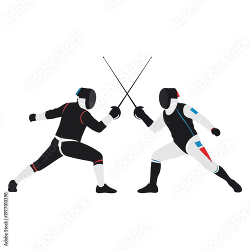 Two Fencers in Protective Gear Duel with Swords on White Background