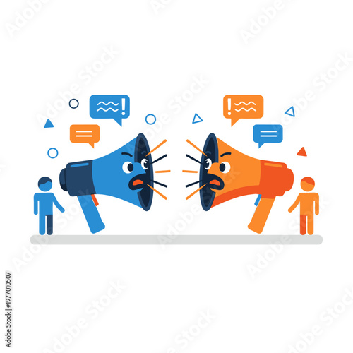 Two Megaphones Arguing with People Icons, Conflict and Dispute Concept